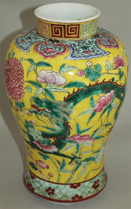 A Chinese yellow ground dragon baluster vase, late 19th century, 30cm